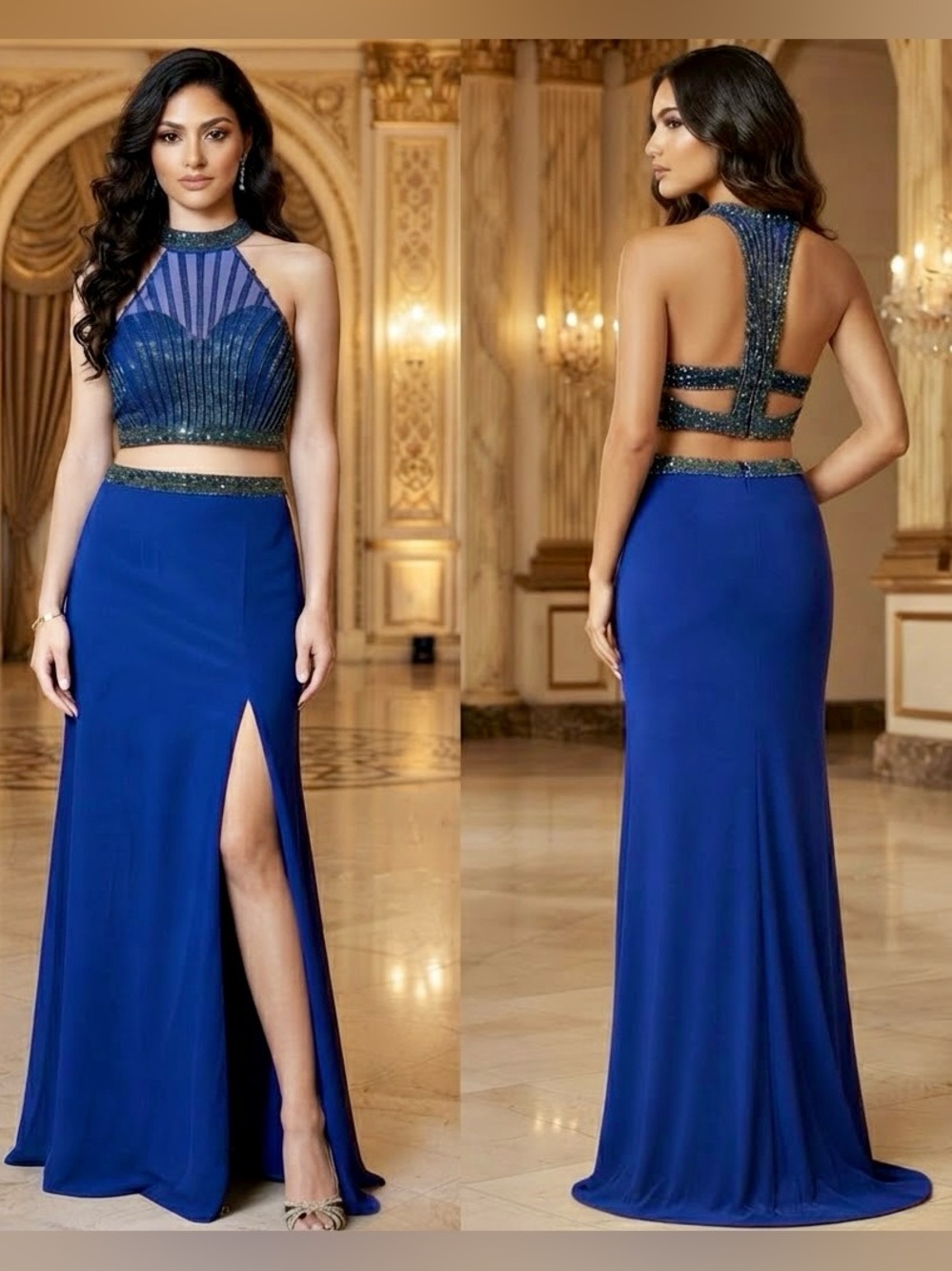 Anny Lee Formal Royal Blue Beaded Halter Two Piece Gown Sz S